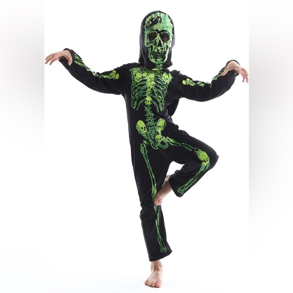 Kids Skeleton Halloween Costume Glow in Dark Mask & Jumpsuit Dia Los Muertos NEW - Picture 3 of 6